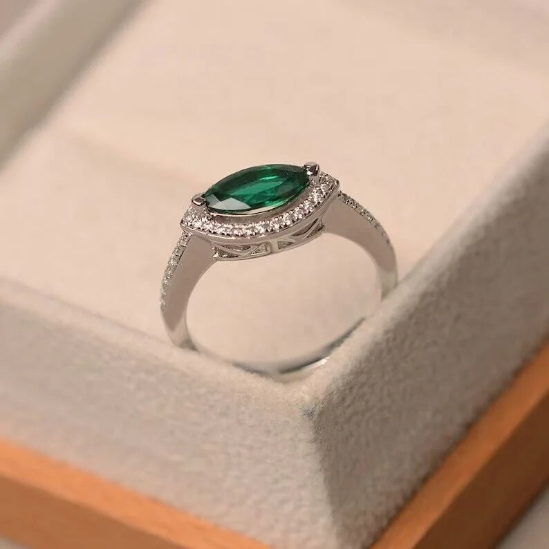 Sterling Silver Marquise Cut Emerald Ring F421307