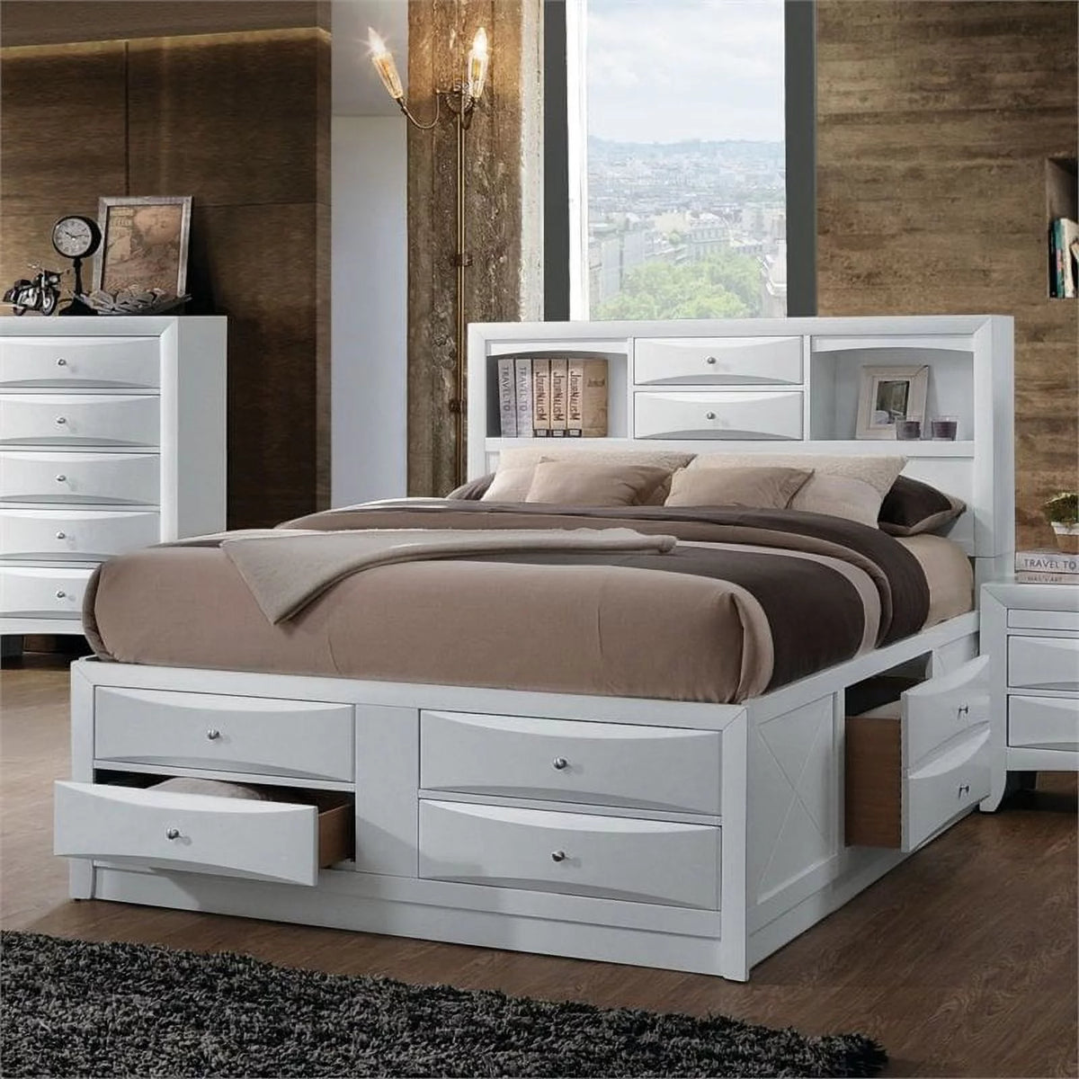 White Wood Queen Bed with Storage S782