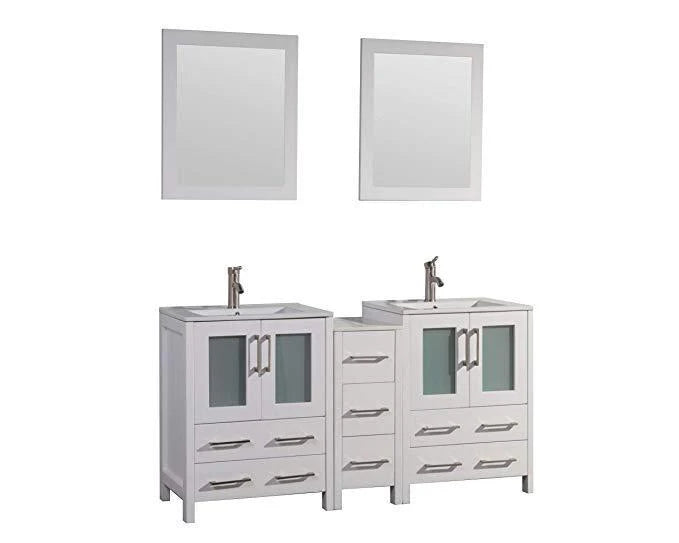 60 in. White Double Sink Vanity Cabinet with Ceramic Sink & Mirror T46542
