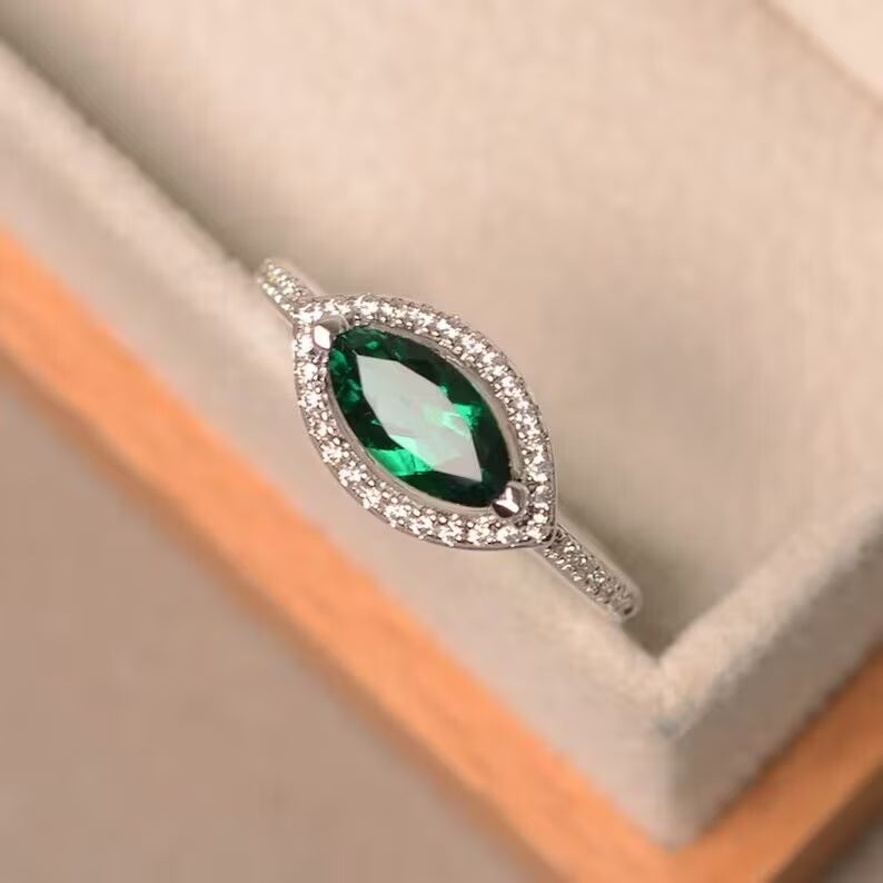 Sterling Silver Marquise Cut Emerald Ring F421307
