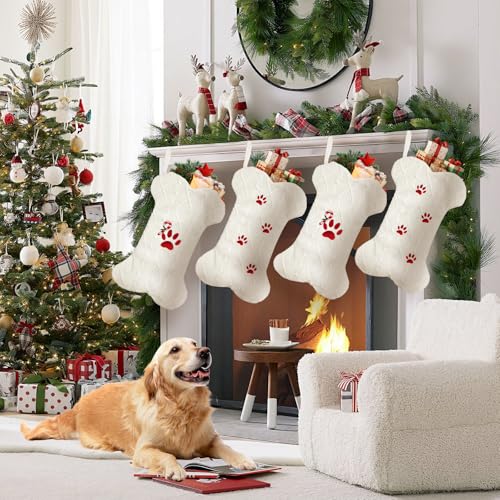 18'' Knit White Paw-Print Dog Christmas Stocking P57950