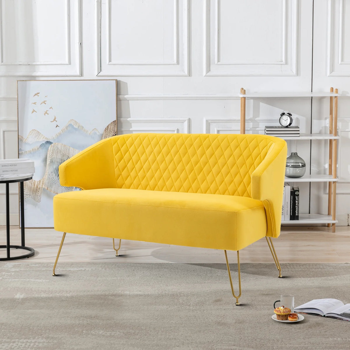 Yellow Velvet Upholstered Loveseat Sofa with Metal Legs U69486