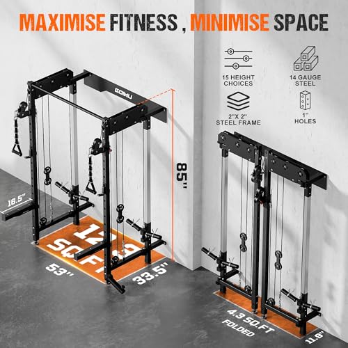 Folding Squat Rack Wall Mounted Power Rack with Dual Independent Pulley System B90905