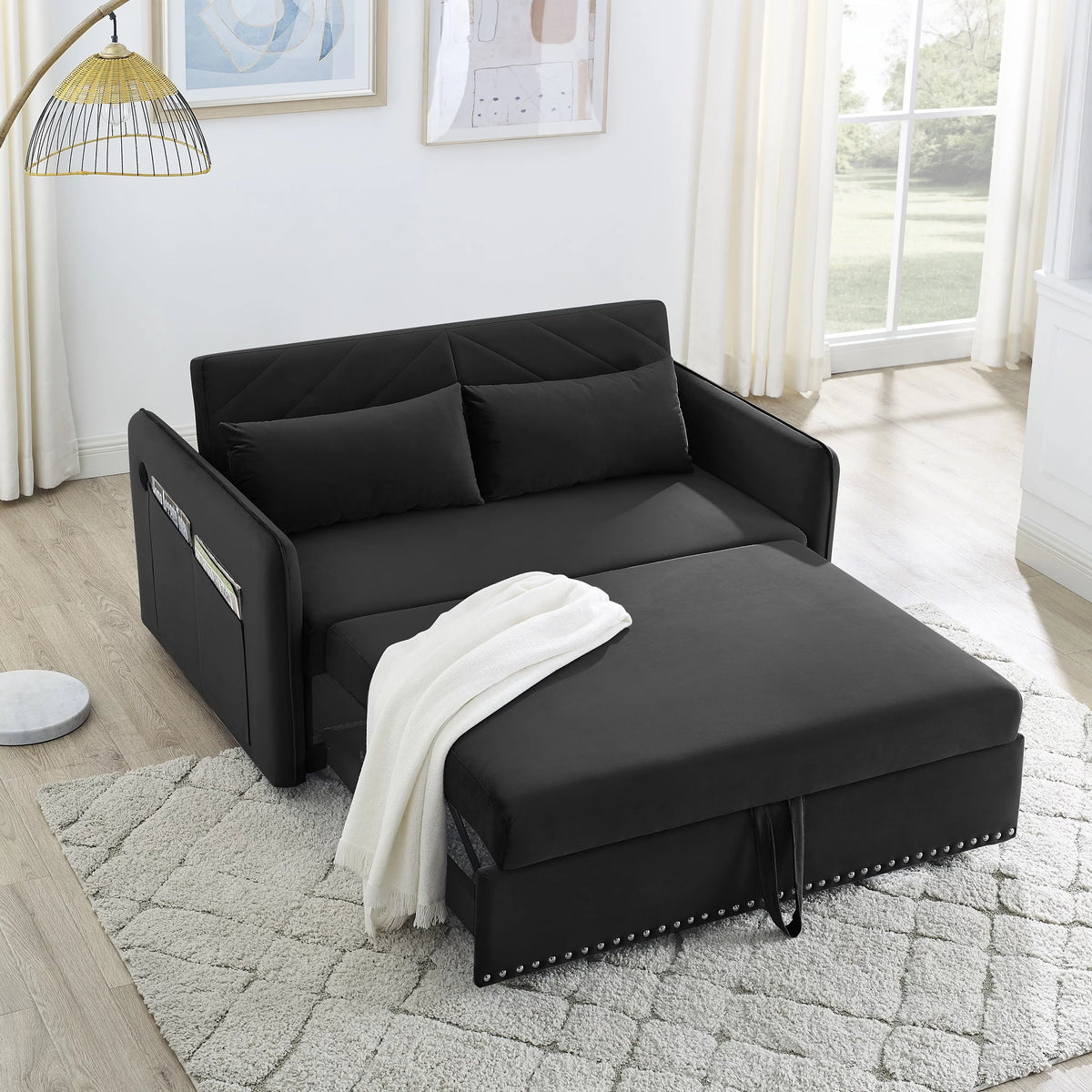Black Velvet 3 in 1 Sleeper Sofa Couch Bed with 2 USB Ports X926560