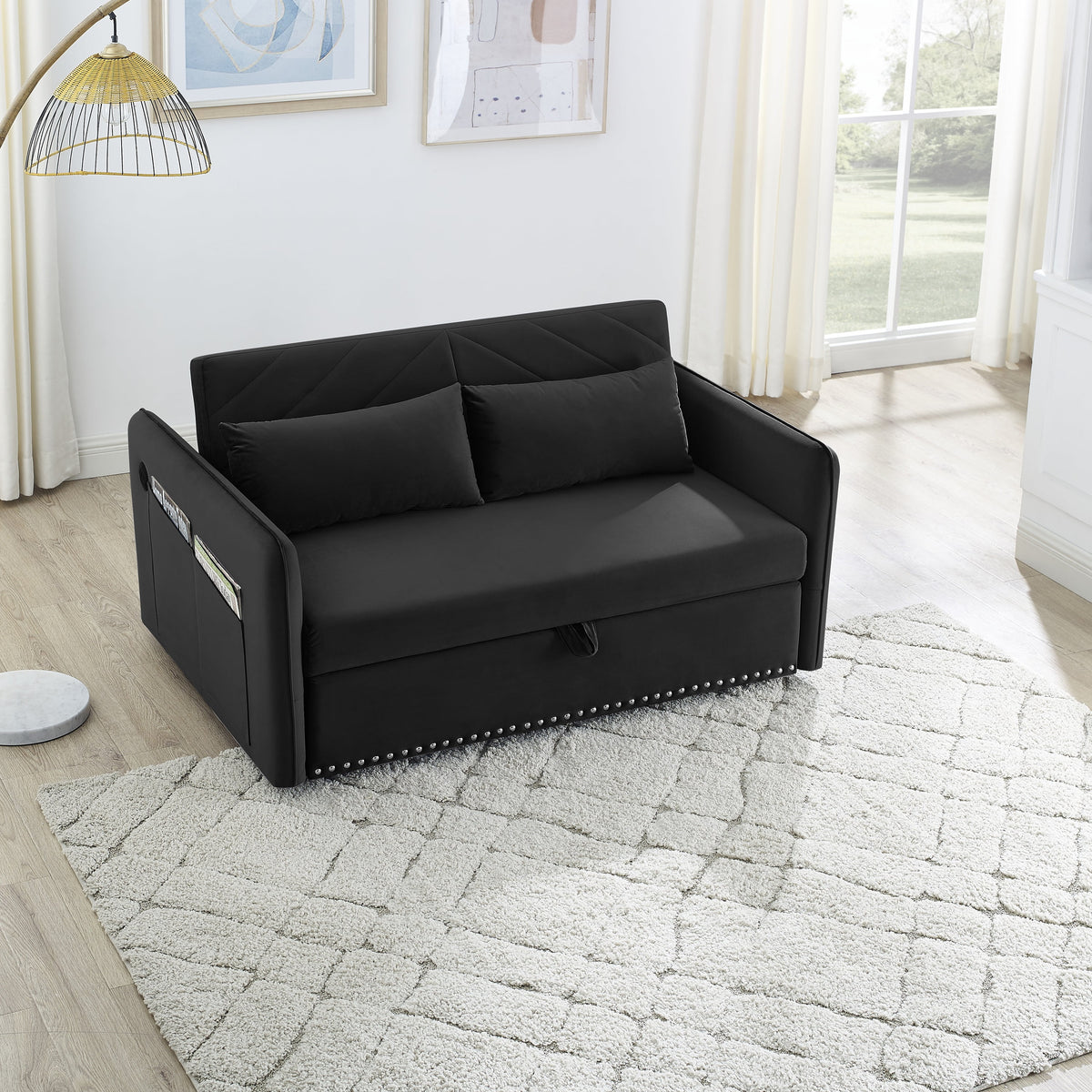 Black Velvet 3 in 1 Sleeper Sofa Couch Bed with 2 USB Ports X926560