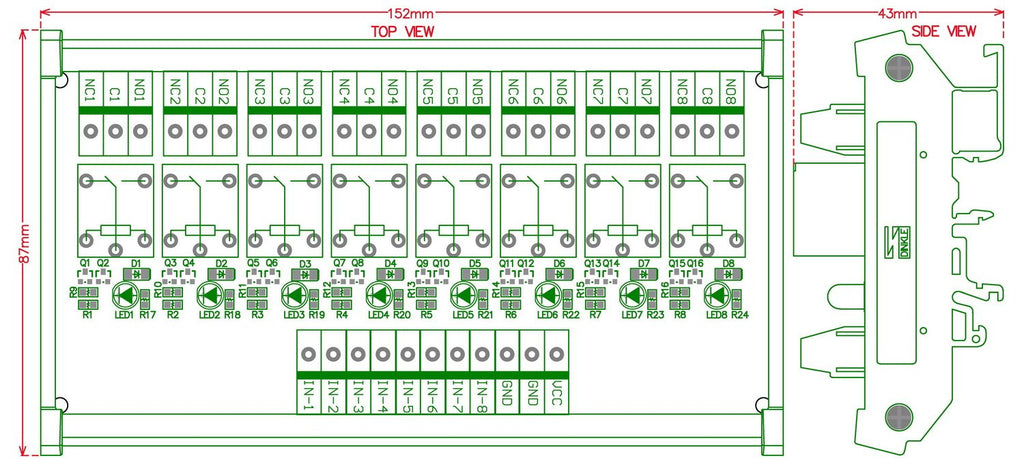 DIN Rail Mount 8 SPDT Power Relay Interface Module, DC 12V, Pack of 2 Y241869