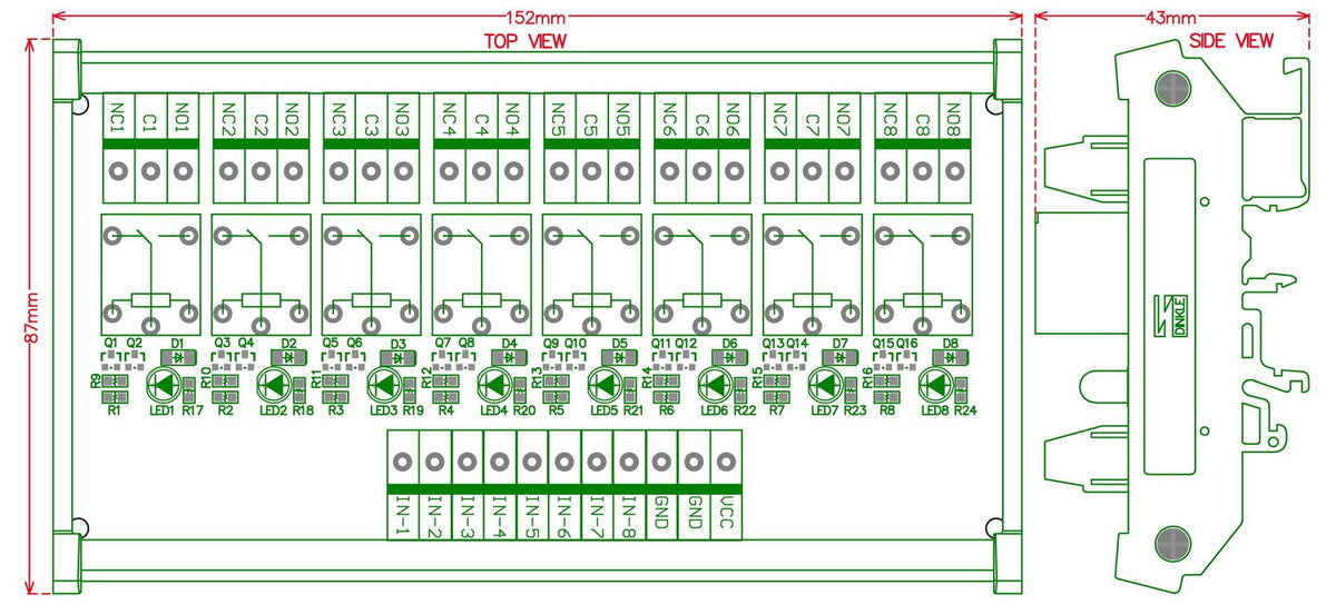 DIN Rail Mount 8 SPDT Power Relay Interface Module, DC 12V, Pack of 2 Y241869