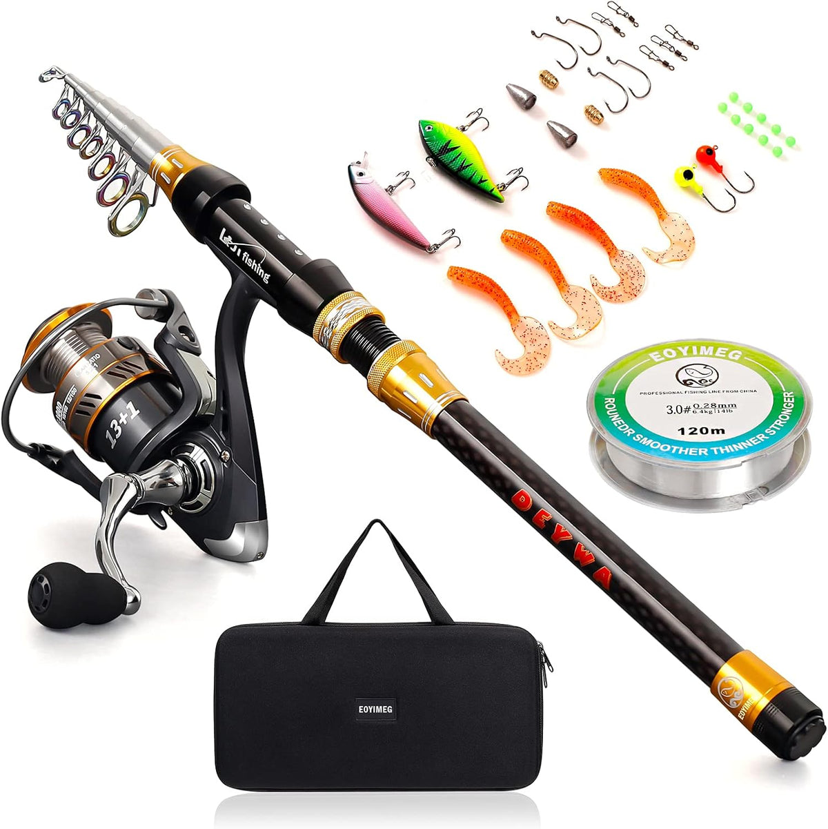Telescopic Carbon Fiber Fishing Rod and Reel Combo with Fishing Accessories Golden Black G12824