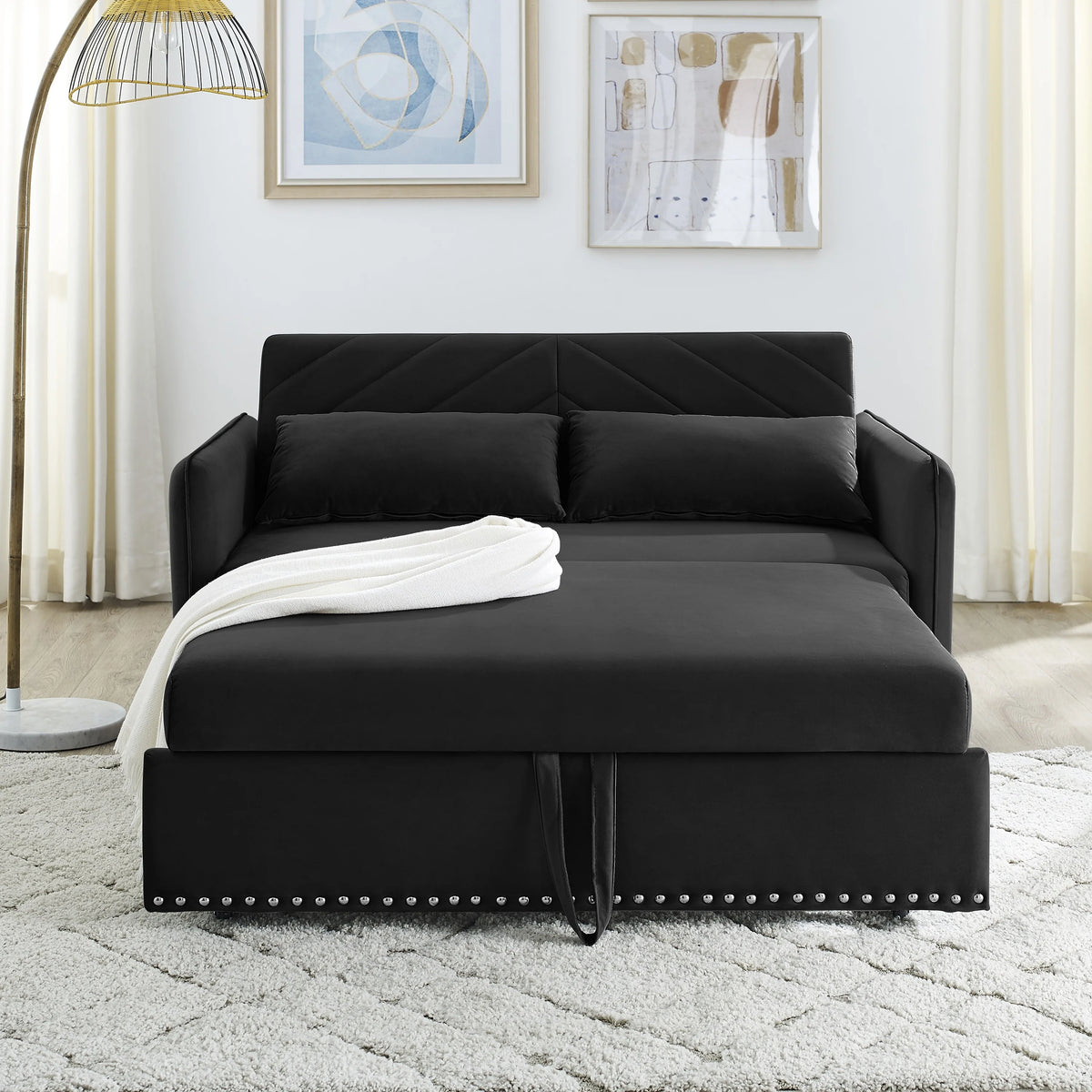 Black Velvet 3 in 1 Sleeper Sofa Couch Bed with 2 USB Ports X926560