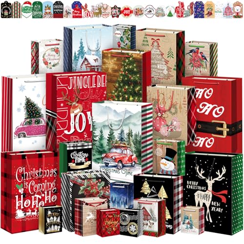 24 Pack Christmas Gift Bags Assorted Sizes with Gift Tags A583