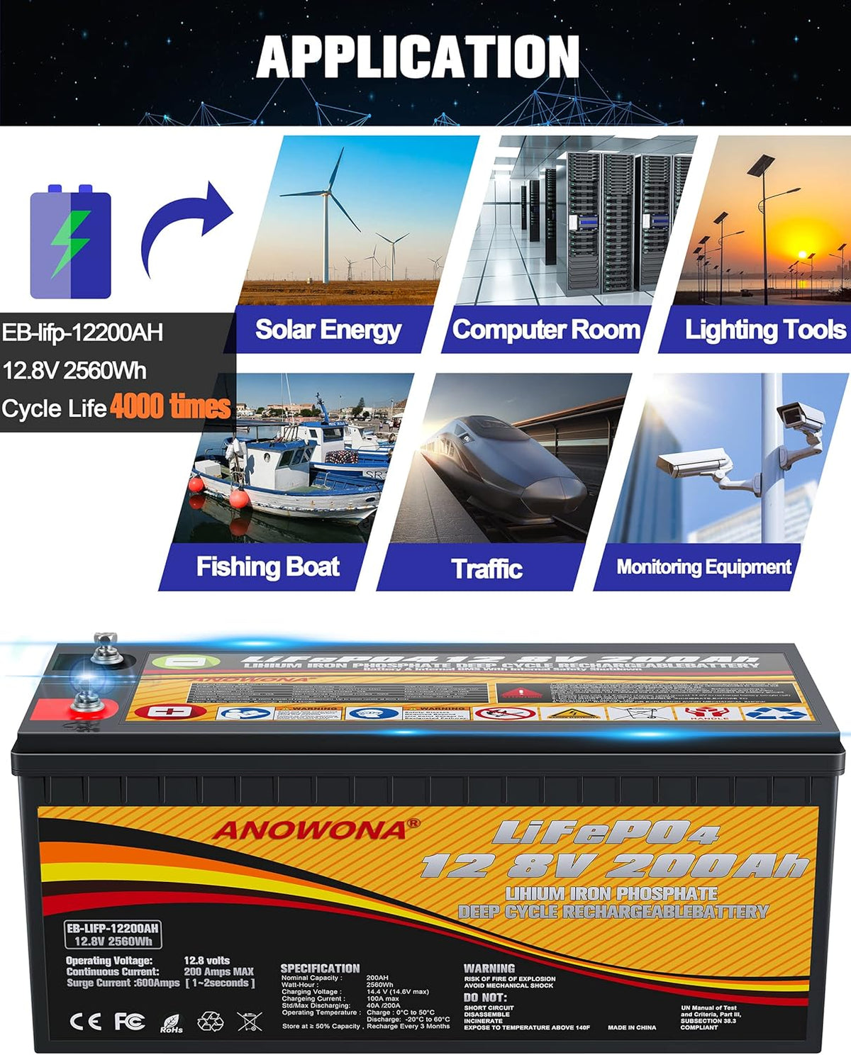 12.8V 200Ah LiFePO4 Deep Cycle Battery with 100A BMS M173
