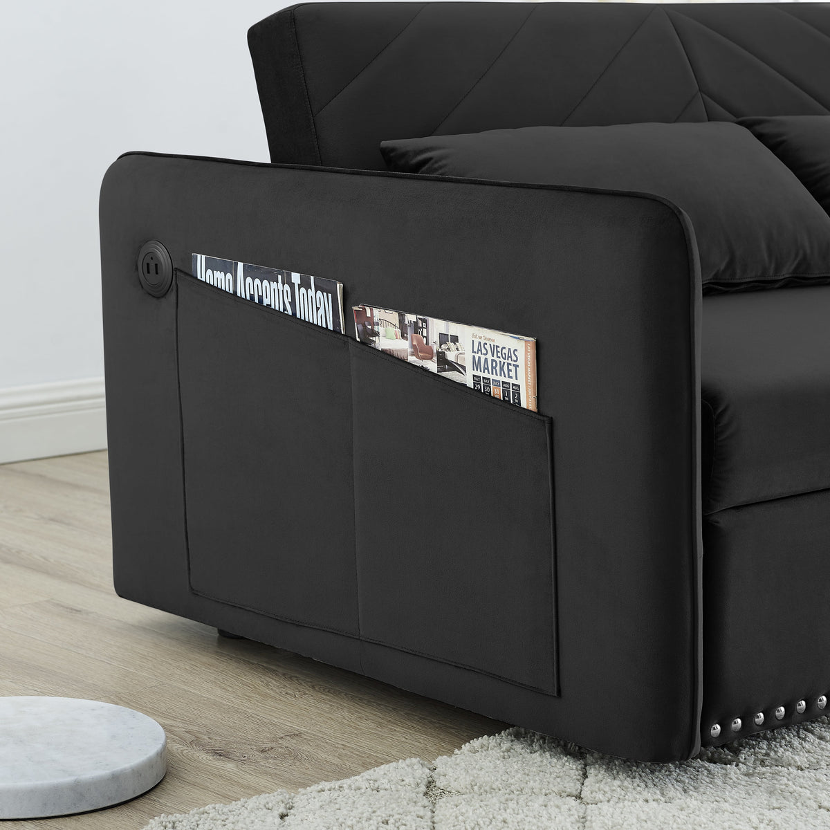 Black Velvet 3 in 1 Sleeper Sofa Couch Bed with 2 USB Ports X926560