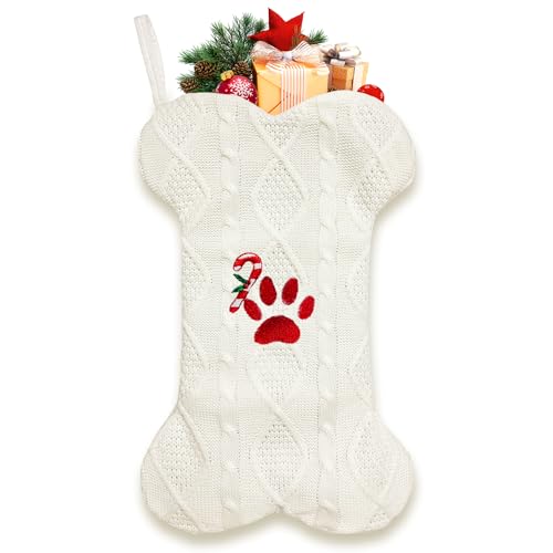18'' Knit White Paw-Print Dog Christmas Stocking P57950