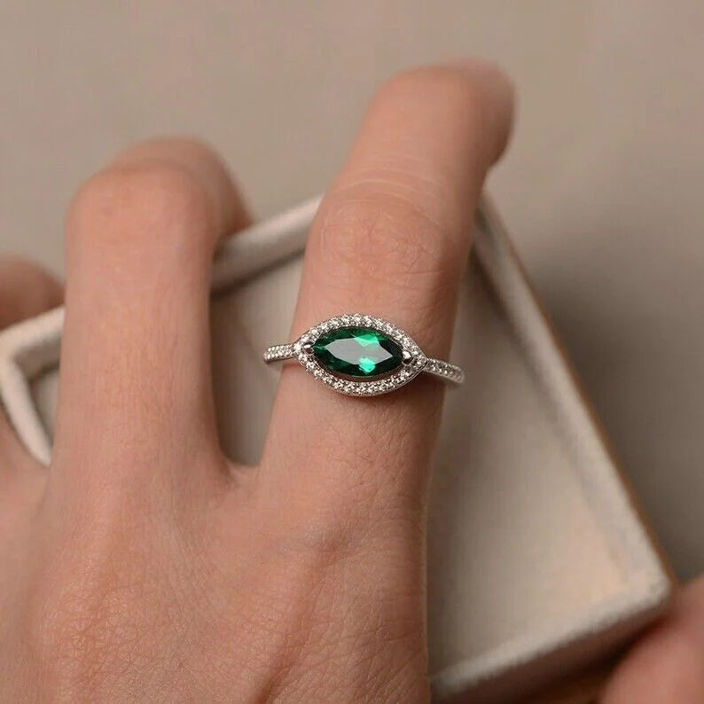 Sterling Silver Marquise Cut Emerald Ring F421307