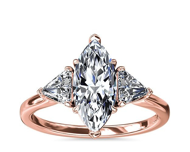 18K Rose Gold Marquise Shaped Real Diamond Three Stone Wedding Ring E474322