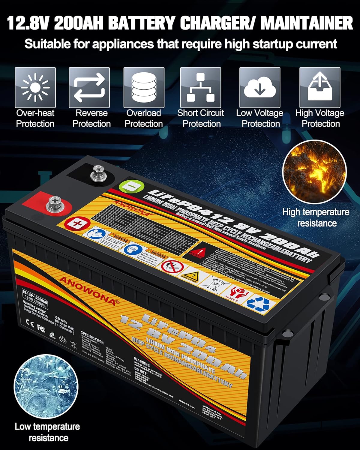 12.8V 200Ah LiFePO4 Deep Cycle Battery with 100A BMS M173